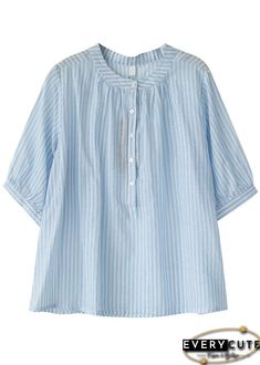 Blue Striped Cotton Shirt Top O-Neck Oversized Half Sleeve Half Sleeve Tops, Blue Khakis, Comfortable Room, Cup Size, Half Sleeve, Shirt Top, Half Sleeves, Pretty Outfits, Cotton Shirt