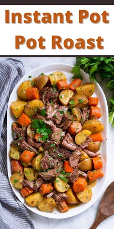 a white plate topped with meat and veggies on top of a marble counter