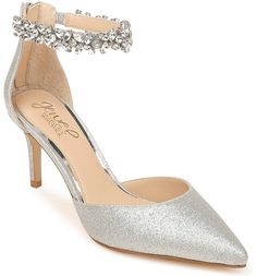 Silver Dress Shoes, Silver Glitter Heels, Jewel Badgley Mischka, Badgley Mischka Shoes, Silver Pumps, Satin Heels, Kitten Heel Pumps, Ankle Strap Pumps, Pointed Toe Heels