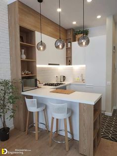 a kitchen with white counter tops and stools