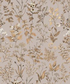 a floral pattern with gold leaves and white flowers on a gray background is featured in this image