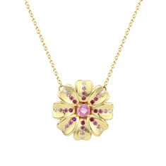 The poppy flower is a symbol of remembrance, regeneration, and eternal life. While you can't find poppies in every season, this pendant will last through them all- forever. Our solid 18K gold flower necklace proudly models a real poppy. It is inlaid with gemstones & diamonds, totaling 0.63Cts. 18" in length with a silicon extender. Yellow Gold Gemstone Necklace In Flower Shape, Yellow Gold Flower Shaped Gemstone Necklace, Yellow Gold Flower Necklace With Gemstone, Luxury Yellow Gold Flower Necklace, Luxury Flower Gemstone Necklaces, Pink Flower Pendant Necklace Fine Jewelry, Luxury Gemstone Flower Pendant Jewelry, Yellow Gold Flower-shaped Gemstone Necklace, Bohemian Pink Flower Pendant Jewelry