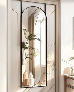 a mirror that is on the side of a wall next to a table with vases and a potted plant