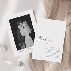 a wedding thank card with an image of a bride and groom kissing on the forehead