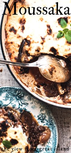 two plates with food on them and the words moussaka written in large letters