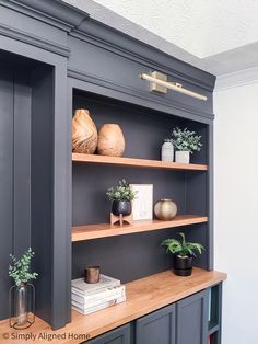 a shelf with some potted plants on top of it and bookshelves in the background