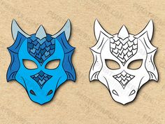 two masks with different designs on them, one is blue and the other is white