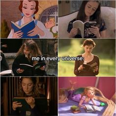 some disney princesses are reading books and one is looking at her cell phone while the other