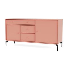 a pink cabinet with three drawers and two black legs on the bottom, against a white background