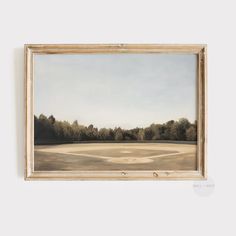 an oil painting of a baseball field with trees in the background