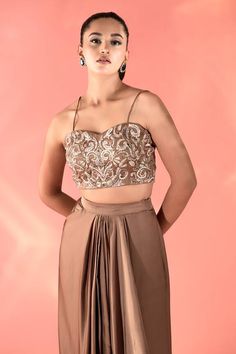 Copper metallic cape with floral pattern dori embroidery. Comes with coordinating embroidered padded bustier and a draped dhoti skirt. - Aza Fashions Dhoti Skirt, Dori Embroidery, Bridal Sari, Satin Color, Skirt Pattern, Set For Women, Aza Fashion, Blouse Designs, Skirt Set