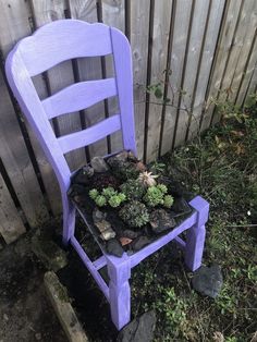 a purple chair sitting in front of a wooden fence with plants growing on the seat