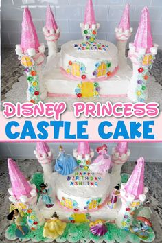 there is a cake with princess castle decorations on it and the words disney princess castle cake