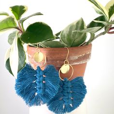 Macrame Feather Earrings make me feel fancy! Blue Macrame Dangle Earrings, Blue Dangle Earrings With Macrame, Blue Macrame Bohemian Earrings, Blue Bohemian Macrame Earrings, Bohemian Blue Macrame Earrings, Macrame Feather Earrings, Butterfly Wing Earrings, Brass Hoops, Wing Earrings