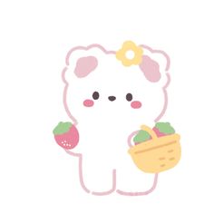 a white bear holding a basket filled with fruit