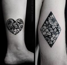 two black and white tattoos on legs with flowers in the shape of a heart next to each other