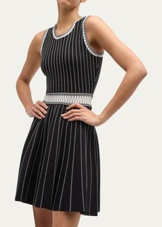 Milly Sleeveless Striped Knit Mini Dress - Bergdorf Goodman Elegant Sleeveless Knit Mini Dress, Sleeveless Ribbed Mini Dress For Evening, Ribbed Sleeveless Mini Dress For Evening, Knit Mini Dress, Bergdorf Goodman, Striped Knit, Above The Knee, Mini Black Dress, Crew Neckline