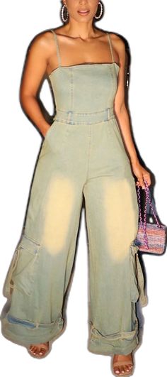 Non-stretch Full Length Summer Cargo Jeans, Non-stretch Summer Cargo Jeans, Non-stretch Cargo Jeans For Summer, Trendy Full-length Cargo Jeans For Summer, Stretch Denim Jumpsuit With Pockets For Spring, Spring Denim Jumpsuit With Stretch And Pockets, Trendy Full Length Denim Jumpsuit For Spring, Spring Trendy Full-length Denim Jumpsuit, Trendy Stretch Wide Leg Jumpsuits And Rompers