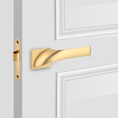 a close up of a door handle on a white door with gold trimmings