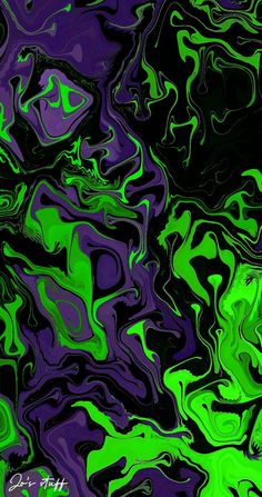 an abstract painting with green and purple colors