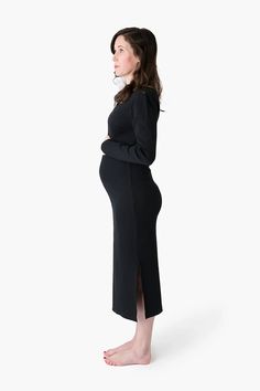 Embrace motherhood in this stretch-rib dress with a gorgeous bump-hugging silhouette. With a generous neckline for breastfeeding, this is a piece you can wear well after delivery. 95% cotton, 5% elastane generous neckline for breastfeeding double side slits at hem stretch rib fabric for bump hugging silhouette lead, phthalate, and flame-retardant free GOTS certified; the leading environmental standard for organic textiles machine wash; tumble dry low Fitted Ribbed Maternity Dress, Ribbed Fitted Maternity Dress, Black Fitted Long Sleeve Maternity Dress, M Girl, Rib Dress, Hugging Silhouette, Rib Fabric, Ribbed Dress, Xl Girls