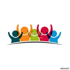 group of people holding hands up in the air with their arms raised, logo design