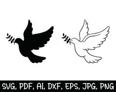 two black and white doves flying with olive branch in beak, svg df file