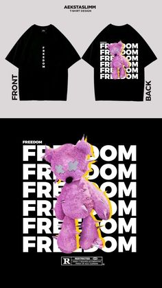 a t - shirt with a pink teddy bear on the front, and an image of a purple teddy bear on the back