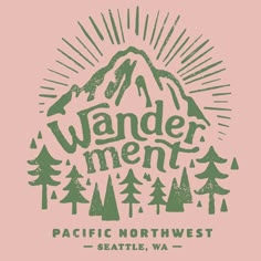 Pink and green vintage lettering Retro Camp Aesthetic, Pacific Northwest Illustration, Granola Graphic Design, North California Aesthetic, Summer Camp Graphic Design, Hiking Graphic Design, Camp Font, Forest Graphic Design, Pacific Northwest Design