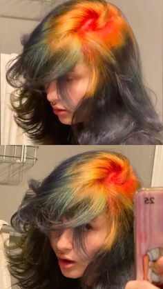 Small Dyed Hair, Thermal Hair Dye, Cool Hair Dye Patterns, Hair Dye Rainbow, Bleaching Roots At Home, Blonde Colorful Hair, Unique Winter Hair Colors, Colourful Curly Hair, Creative Dyed Hair