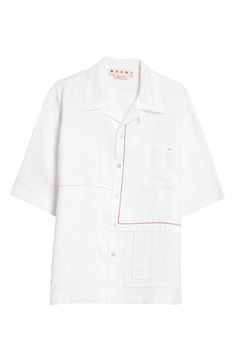 Put a fresh spin on your laid-back warm-weather look with this linen bowling shirt detailed with a bricolage of embroidery in assorted styles and hues. 28" length, 45" chest (size 48EU) Front button closure Convertible collar Short sleeves Chest patch pocket 100% linen Dry clean Made in Italy Designer Embroidered White Tops, White Camp Collar Top With Floral Embroidery, White Embroidered Shirt With Camp Collar, Vintage Linen Collared Shirt, White Embroidered Linen Shirt, Linen Embroidered Button-up Top, Bowling Button Up Shirt, Men’s Bowling Shirt, Convertible Collar