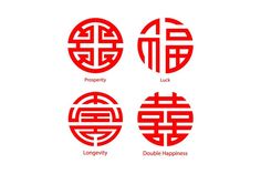 four red circles with the words prosperity, luck, and love in chinese writing on them