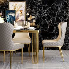 an elegant dining room with marble walls and flooring