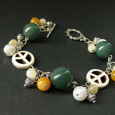 Hippie Bracelet. Peace Bracelet. Peace Sign Charm Bracelet. Gemstone Bracelet with Howlite, Orange J Peace Sign Bracelet, Hippie Bracelet, Peace Bracelet, Handmade Charm Bracelets, Valentines Sale, Hippie Bracelets, White Howlite, Bracelet Gemstone, Beaded Bracelets Diy