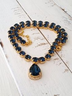 Navy blue Swarovski crystal necklace, Dark blue Choker Bridal necklace, Statement necklace, Bridesma Blue Crystal Rhinestone Necklace For Wedding, Elegant Blue Rhinestone Necklace For Wedding, Sapphire Crystal Bridal Necklace Gift, Blue Crystal Necklaces For Wedding, Blue Crystal Bridal Necklace Gift, Blue Crystal Necklace For Wedding, Blue Crystal Bridal Necklace For Gift, Sapphire Jeweled Necklace For Wedding, Sapphire Choker