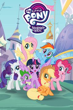 many little ponys are standing together in front of a building with the words my little pony