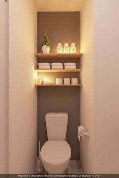 a white toilet sitting in a bathroom next to a shelf filled with jars and candles