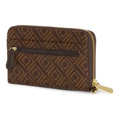 Liz Claiborne's Erica wallet is crafted from pebbled faux leather and gold-tone hardware to elevate the design. This zip-around style has a removable strap, multiple pockets, 12 card slots, and the brand's logo plated at the front.Wallet Type: Zip Around WalletFeatures: Removable StrapsCard Capacity: 12 SlotsClosure Type: Zip AroundPockets: 1 Back Zip Pocket, 3 Inside Multi-Function Pockets, 2 Inside Slip Pockets, 1 Back Slip Pocket, 1 Id Window, 1 Inside Zip PocketMetal Color: Gold ToneMeasurem Rectangular Wallet With Gold-tone Hardware For Daily Use, Rectangular Wallets With Gold-tone Hardware For Daily Use, Rectangular Travel Wallet With Gold-tone Hardware, Gold Wallets With Gold-tone Hardware For Everyday Use, Brown Wallets With Gold-tone Hardware For Daily Use, Brown Wallet With Gold-tone Hardware For Daily Use, Gold Bifold Wallet With Zipper Closure, Gold Wallet With Zipper Closure For Formal Occasions, Formal Gold Wallet With Zipper Closure