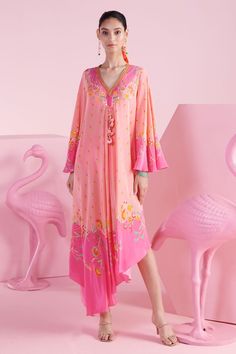 Pink kaftan with multicolor floral print, asymmetric hemline and embroidery along the neckline and sleeves. - Aza Fashions Pink Kaftan, Kaftan Pattern, Kaftan Women, Kaftan For Women, Aza Fashion, Types Of Sleeves, Custom Made, Floral Print, Multi Color