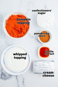 ingredients to make pumpkin pie on a marble counter top with words describing the ingredients in each bowl