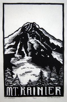 a black and white drawing of a mountain with the words mt rainer on it