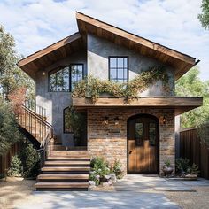 a house with stairs leading up to the front door