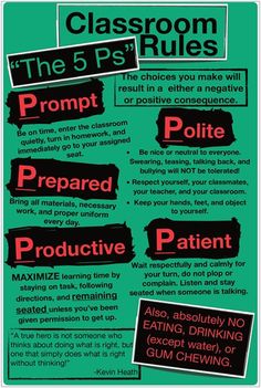 the classroom rules poster is shown in black and red, with words on green background