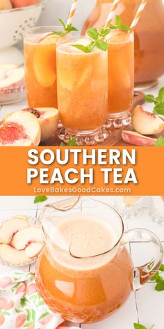 Southern Peach Tea pin collage Drinks For Potluck Parties, Peach Mint Tea, Sweet Peach Tea, Ice Tea Peach, Peach Sweet Tea, Flavored Iced Tea Recipes, Peach Tea Recipe, Yum Drinks