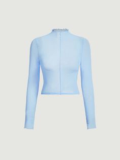 Blue Bodycon  Break Mock Neck Lettuce Trim Mesh Top Baby Blue Casual  Long Sleeve Mesh Fabric Plain  Slight Stretch  Women Clothing, size features are:Bust: ,Length: ,Sleeve Length: Baby Blue Outfit, Outfit Top, Mesh Tops, Blue Outfit, Basic Outfits, Women Tops, Fashion Online Shop, Lettuce, Mesh Top