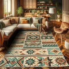 a living room filled with lots of furniture and rugs on top of a wooden floor