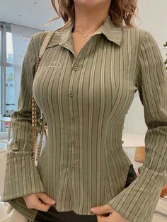 Korean Fashion Blouse, Bodycon Shirt, Embroidery Top, Looks Street Style, Striped Long Sleeve Shirt, Women Blouses, Vintage Embroidery, Chic Vintage, Back To School Outfits