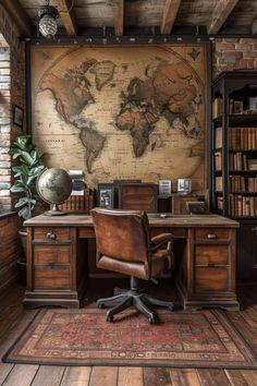 an old world map is on the wall above a desk with a chair and bookshelf