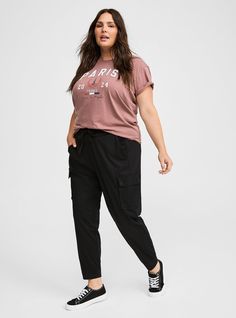 Relaxed Fit Jogger Stretch Challis Mid-Rise Cargo Pocket PantPlus Size Relaxed Fit Jogger Stretch Challis Mid-Rise Cargo Pocket Pant, DEEP BLACK Disney Leggings, Fitted Joggers, Fun Pants, Soft Pants, Swimming Outfit, Cargo Pocket, Bra And Panty Sets, Pocket Pants, Dress With Cardigan