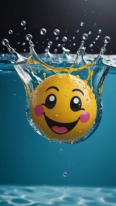 a smiley face floating in the water with bubbles on it's sides and eyes